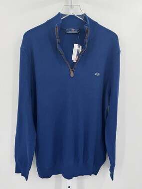 Vineyard Vines Mens L Honeycomb 1/4 Zip Sweater Prussian Blue Cotton Blend NWT